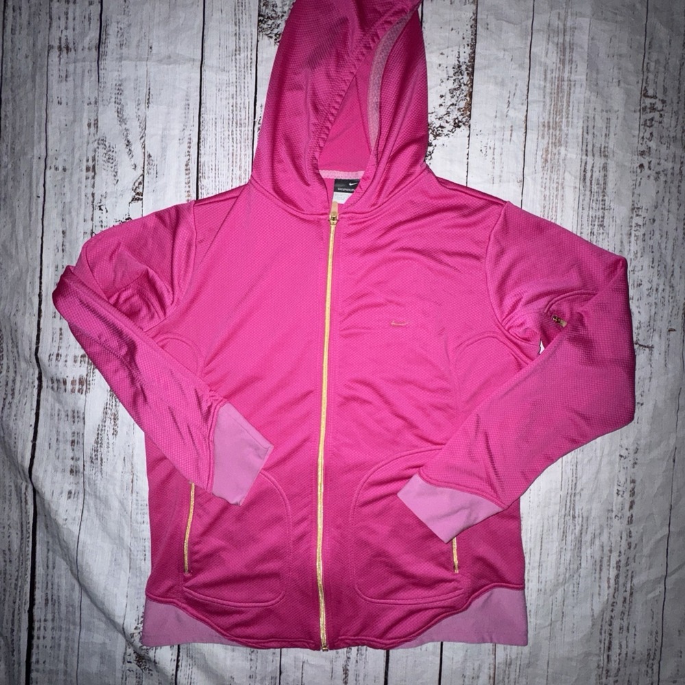 Vintag Nike Sphere Dry Active Full Zip Hooded Jacket Womens Size Large Pink Gold